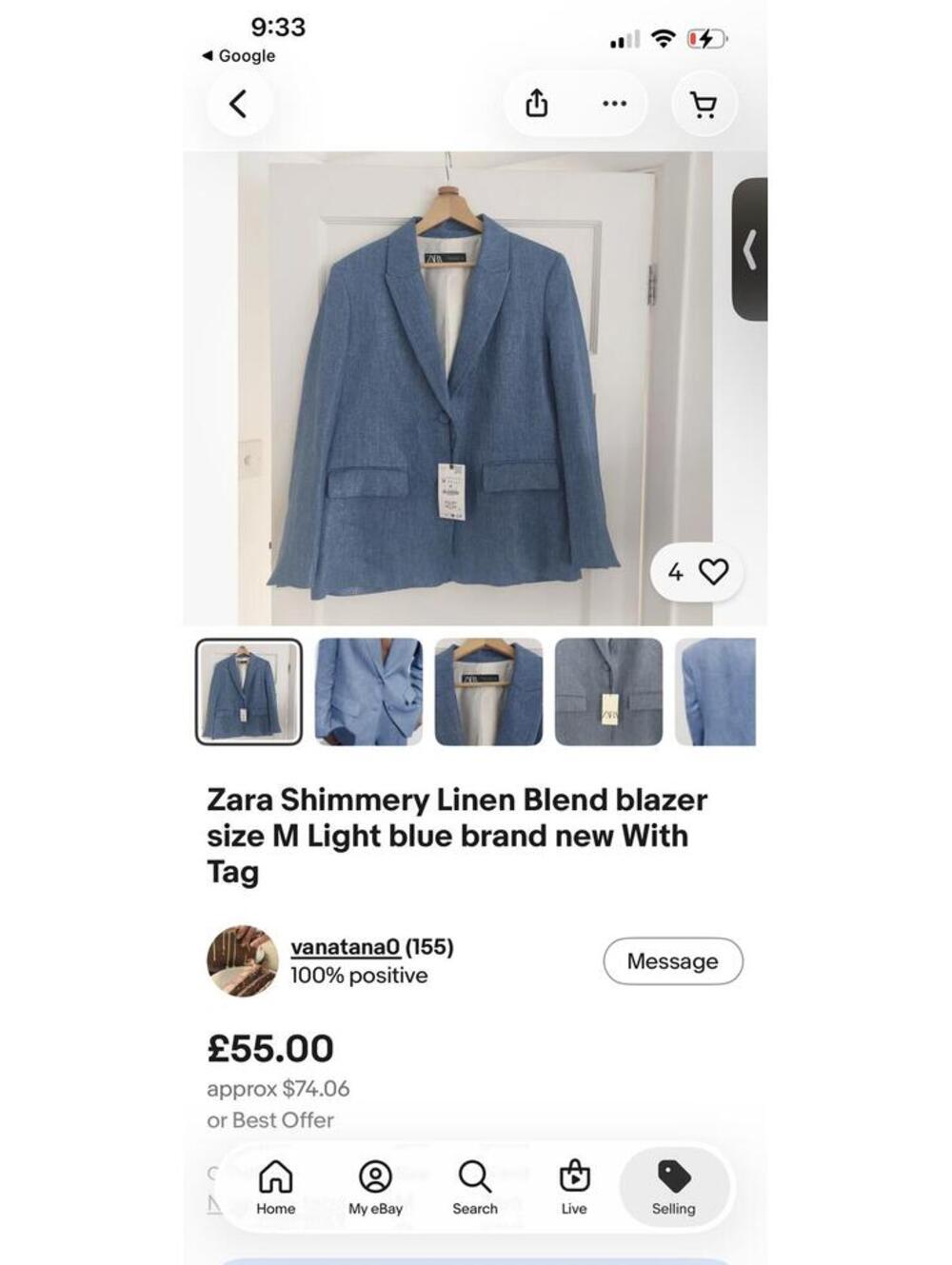 ZARA Blue Linen Blend Blazer Jacket Sz Small - Picture 9 of 9